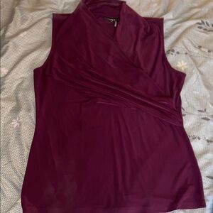 Dkny Burgundy Sleeveless Wrap Blouse with Mandarin Collar